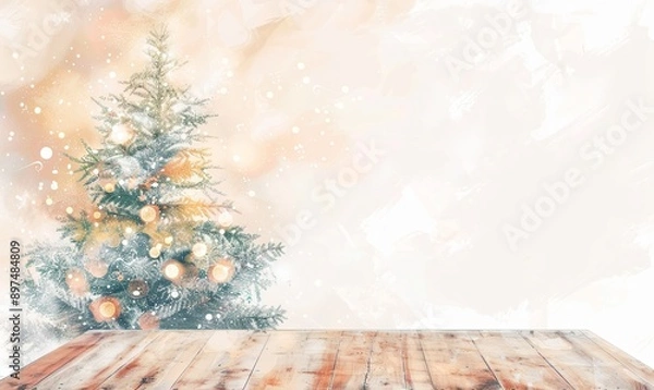 Fototapeta an empty wooden table in a setting with a christmas tree, in the style of light white and light brown, multilayered texture, bokeh, light orange and light gray, organic made
