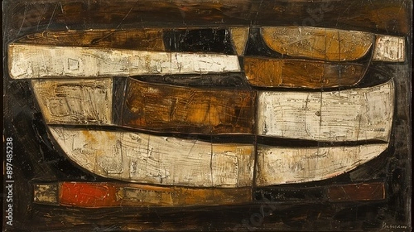 Fototapeta Cubism inspired abstract blocks in muted earth tones - 3D CGI art