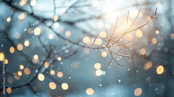 Fototapeta A tree branch covered in snow with a bright light shining on it