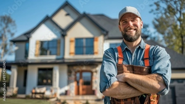 Fototapeta A man in a blue shirt and orange vest is standing in front of a house
