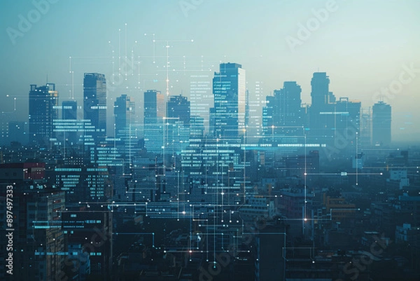 Fototapeta New Delhi city in the future. skyline of skyscrapers and the digital data stream connecting buildings, smart development. showing various data flow visualizations