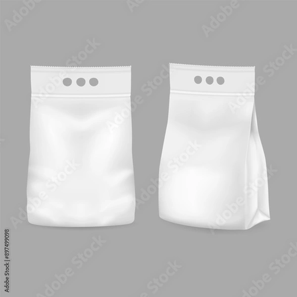 Fototapeta Detergent package, cleaning cloth laundry pack, detergent powder blank package, plastic bag, vector mockup.