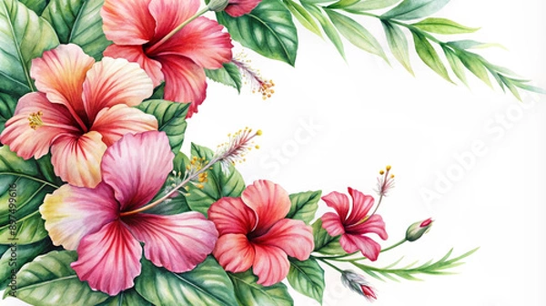 Fototapeta Beautiful tropical leaves rendered and hibiscus blossoms in watercolor on a white backdrop with blank area for text