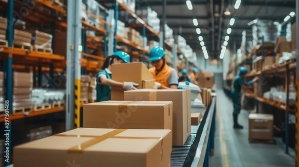 Fototapeta Workers efficiently packing boxes in a modern warehouse filled with shelves of products and organized logistics.
