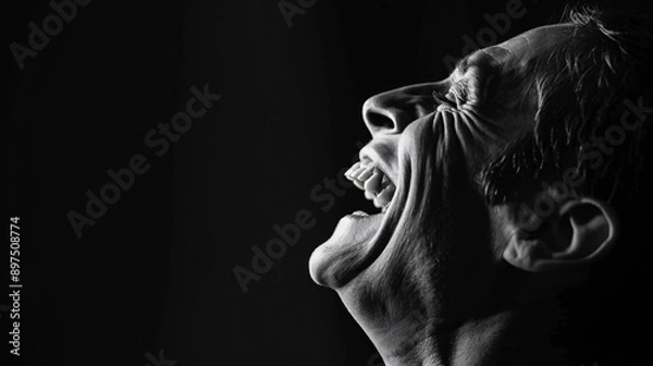 Fototapeta Pure Joy in Monochrome - Candid Black and White Portrait of a Laughing Person Overflowing with Happiness and Delight