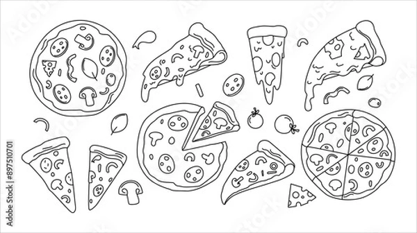 Obraz Set of pizza doodle, sliced pizza pieces 