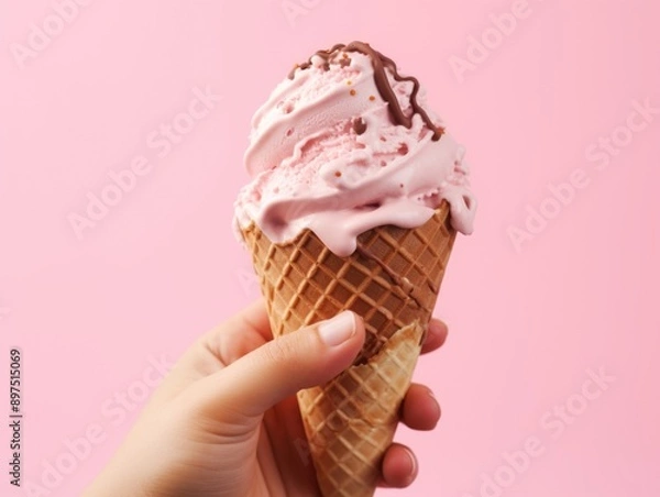 Fototapeta Hand holding chocolate and pink ice cream cone.