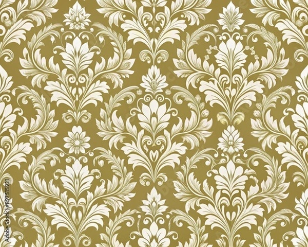 Fototapeta White Damask Pattern on Gold Background. Generative AI