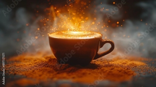 Fototapeta A captivating side view of a steaming cup of coffee surrounded by sparkling golden particles against a warm, glowing backdrop. Ideal for creative advertising with ample copy space