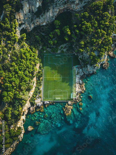 Fototapeta Stunning Drone Photography of Coastal Soccer Field with Ocean View, Cliffside Soccer Pitch, and Scenic Nature Integration