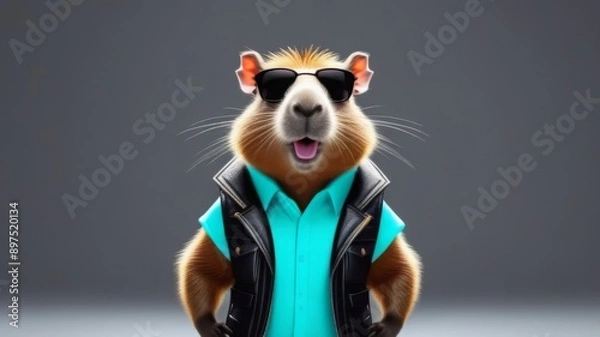 Obraz Large portrait of capybara in stylish green shirt and black leather vest, fashionable sunglasses on monotonous gray background. Creative concept for an advertising banner. Copy space