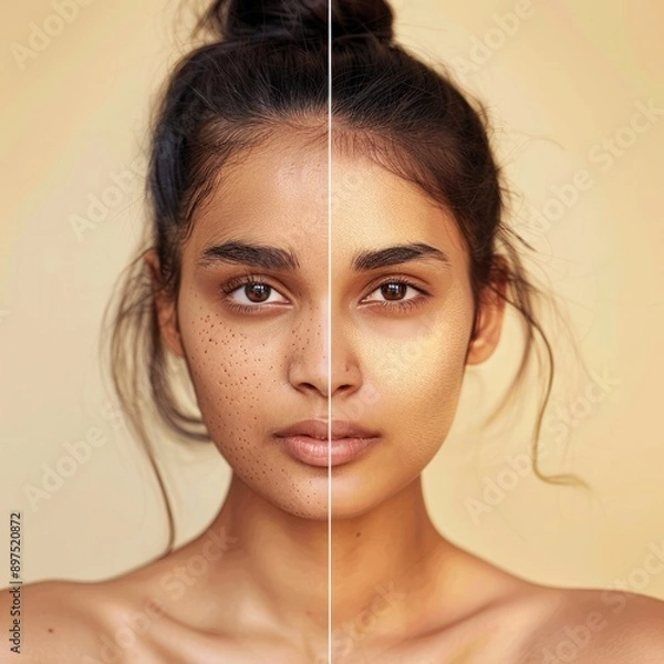 Fototapeta Indian woman with scarred skin on the left side and smooth, clear skin without any spots on the right side