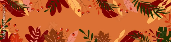 Fototapeta Vector illustration. Autumn illustration in flat style with copy space for text. Floral and leafy prints for greeting cards, posters, banners, posters and covers, blogging and promotional items.