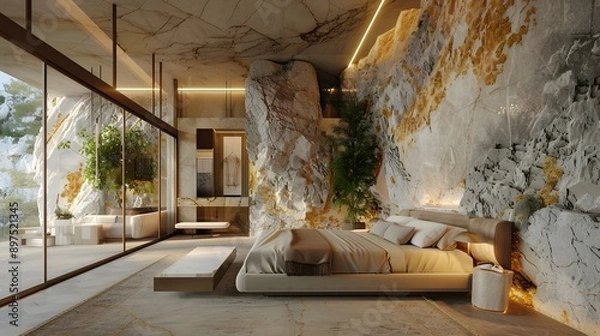 Obraz Modern Bedroom with Stone Wall and Large Windows