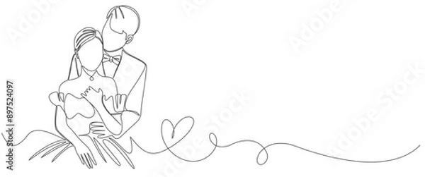 Fototapeta one continuous drawn line wedding couple. line art. The characters of the bride and groom of the husband and wife are married. editable vector eps illustration.