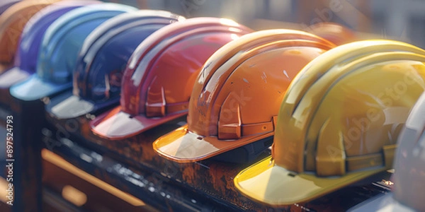 Fototapeta Safety Construction helmet on Table, Hard Cap, Construction Site Blur Background. GENERATIVE AI