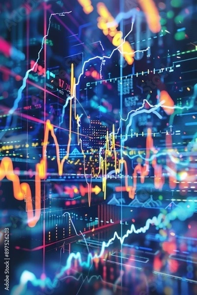 Fototapeta Abstract lightning streaks illustrating worldwide stock market trends on a high-tech background.