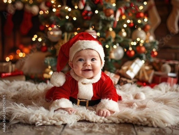 Fototapeta A high-resolution photograph of a baby wearing a Santa Claus outfit, sitting in front of a beautifully decorated Christmas tree.