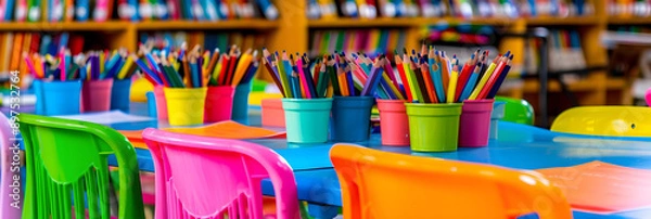 Fototapeta pots of colored pencils in a classroom