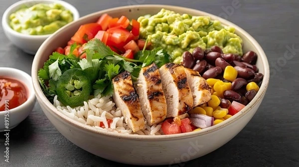 Obraz burrito bowl with rice, beans, grilled chicken, salsa, and guacamole