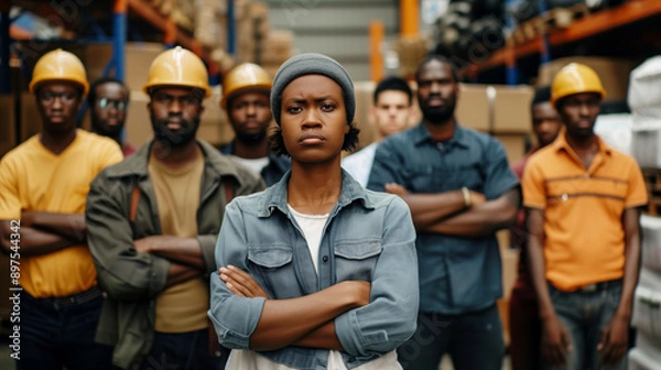 Fototapeta Cinematic shot of group of laborers standing with arms crossed
