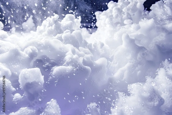 Fototapeta White foam covers dance floor for foam party with music and bubbles creating fun atmosphere