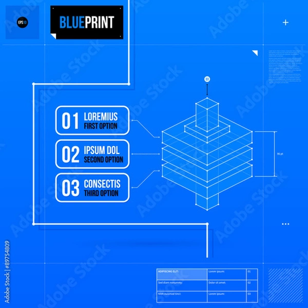 Fototapeta Abstract layout template in blueprint style with three numbered options and isometric object. EPS10