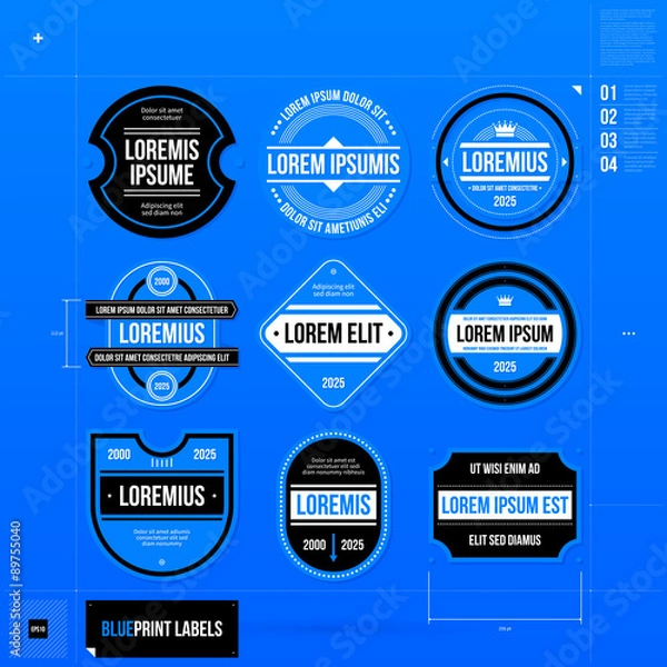 Fototapeta Set of 9 different badges/labels in blueprint style. EPS10