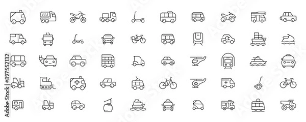 Fototapeta Travel and Transport line icon set. Containing car, bike, plane, train, bicycle, motorbike, bus and scooter icons. Transportation Simple line icon collections
