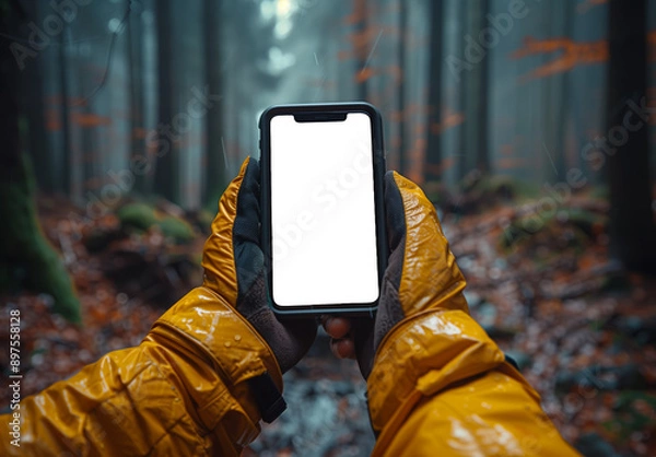 Fototapeta  A vivid image of hands gripping a Phone while using a GPS app, with a forest hiking trail 