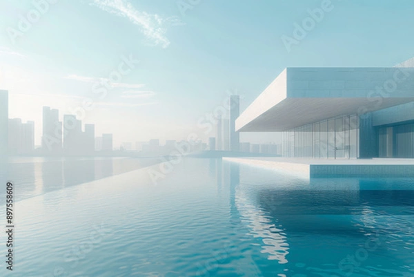 Fototapeta Modern buildings by the lake. The modern urban skyline is in the background.