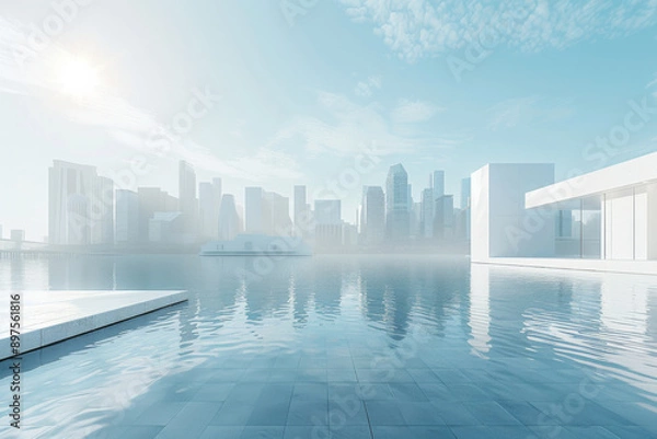 Obraz Modern buildings by the lake. The modern urban skyline is in the background.