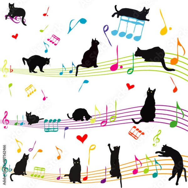 Fototapeta Musical portable with musical notes and silhouettes of cats.eps