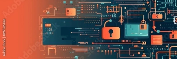 Obraz A colorful abstract illustration depicting a secure digital network with a padlock symbolizing safety, data protection, privacy, connectivity and technological advancement.