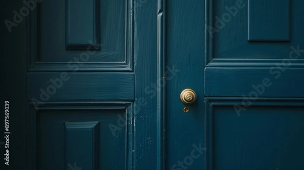 Fototapeta A close-up of an elegant blue door with a golden knob, showcasing timeless craftsmanship and a touch of sophistication.