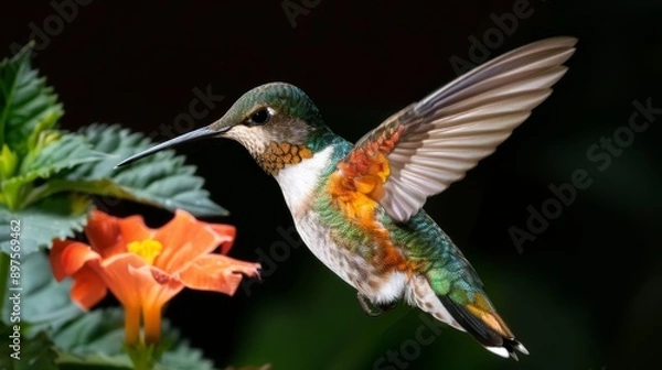 Obraz A delicate hummingbird with glowing, multicolored feathers hovering near a flower, with copy space, high-resolution photo, realistic photo, hyper realistic