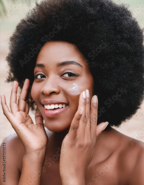 Fototapeta Smiling African American female putting cream on face