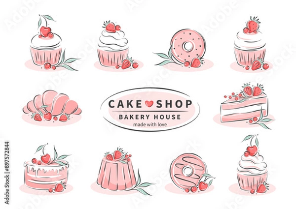 Fototapeta Different desserts, pastry dishes, ingredients for baking items, donuts. Vector illustration for menu, recipe book, baking shop, cafe.