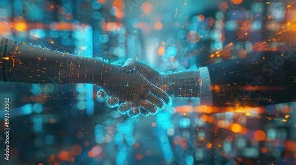 Fototapeta Two business people shaking hands with digital technology in the background, concept of AI and artificial intelligence. blurred blue orange light, futuristic city background