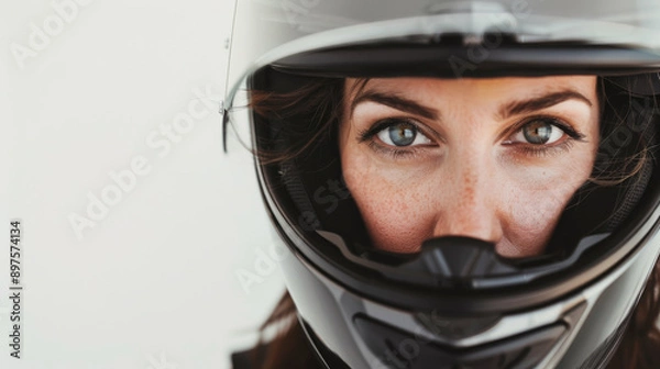 Fototapeta A motorcyclist seen close-up, their eyes and determination reflected through the visor of their helmet, focusing on the road ahead.