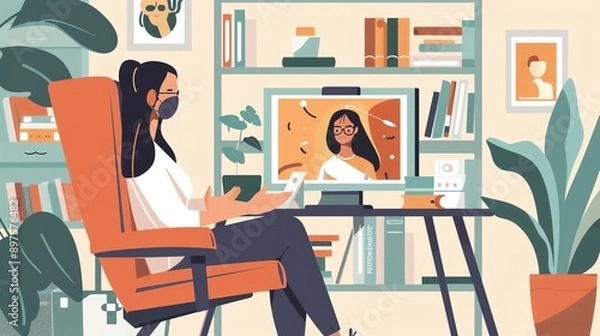 Fototapeta A woman is sitting in a chair in her home office. She is wearing a mask and talking to someone on a video call.