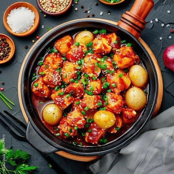 Obraz A flavorful dish of dakdoritang ( Korean spicy chicken stew) with potatoes garnished with sesame seeds and green onions in a black pot, isolated background