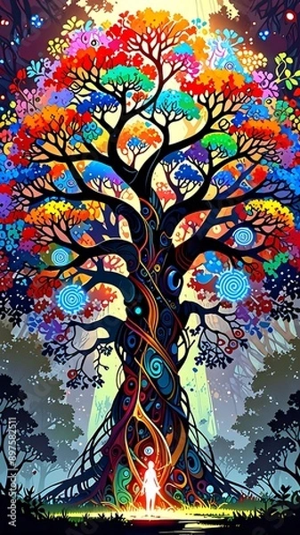Fototapeta Colorful tree with swirling branches, roots, and abstract decorations. Suitable for naturethemed designs, backgrounds, and artistic concepts. Vibrant and whimsical. 7