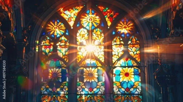 Fototapeta A decorative stained glass window with intricate patterns and vibrant colors, against a backdrop of soft sunlight, adding artistic beauty and charm to architectural spaces.