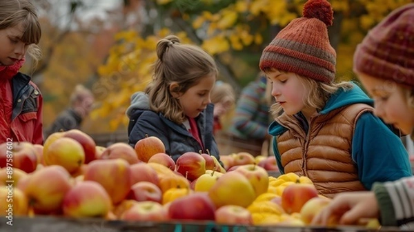 Fototapeta Three young girls are looking at a large pile of apples at an orchard. They are all wearing warm clothes, and it appears to be autumn.