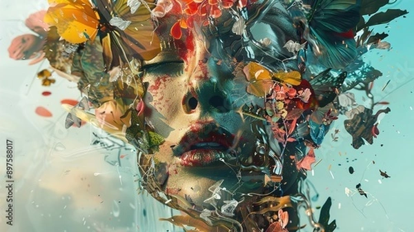 Fototapeta A surreal collage of fragmented imagery and surreal symbols in surreal colors, against a surreal background, inviting viewers to unravel the mysteries of the subconscious mind.