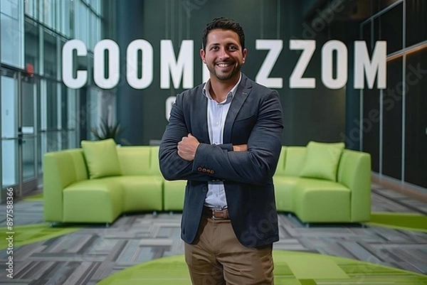 Fototapeta Beautiful businessman standing on a green and gray carpet with comfort zone text, exuding contentment and ease.