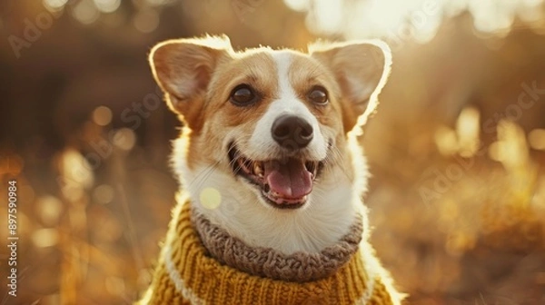 Fototapeta Happy Corgi Wearing A Yellow Knit Sweater In The Fall