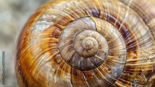 Fototapeta Close-up of a snail shell, highlighting its spiral structure and patterns.
