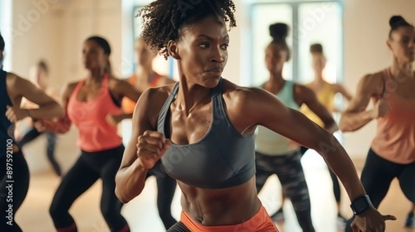 Obraz A group of women are working out in a dance fitness class. They are all wearing sportswear and are moving to the beat of the music.